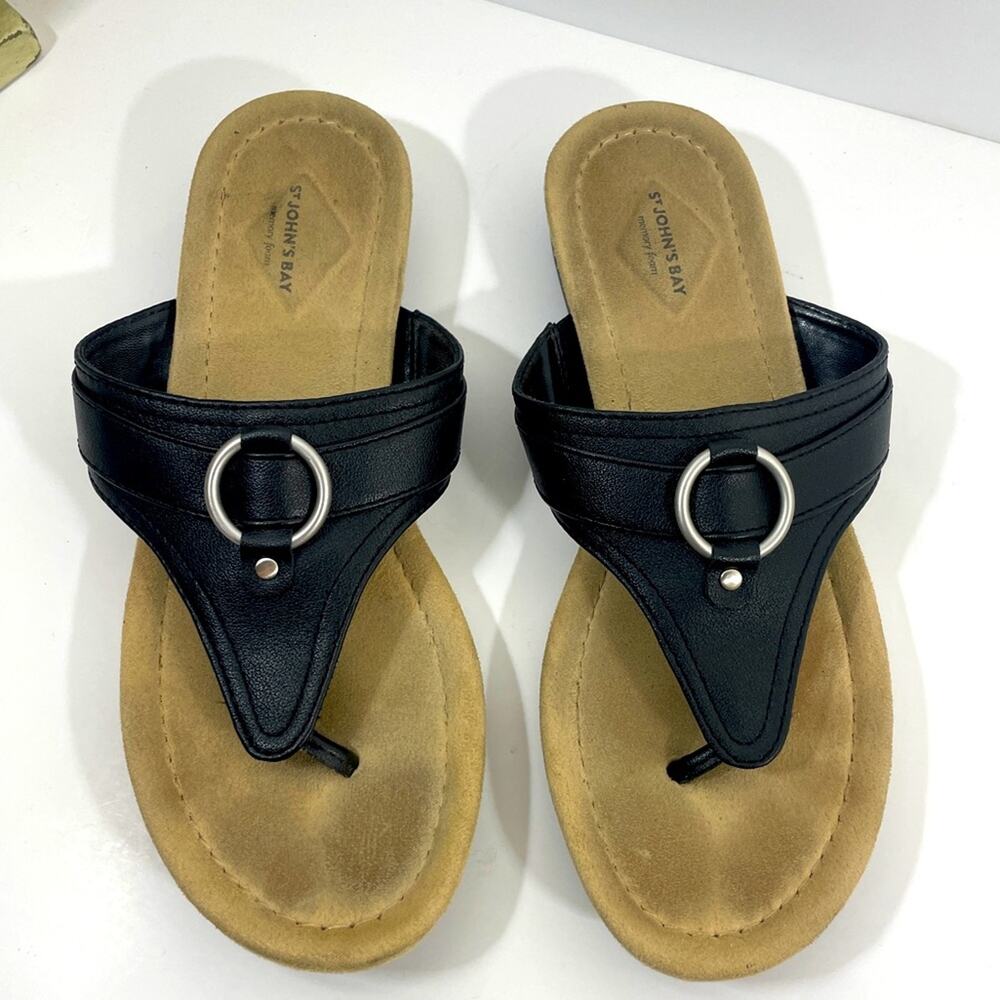 St. John’s Bay T Sandals with Silver Accent Black Size 9 Rubber Sole Flip Flops
